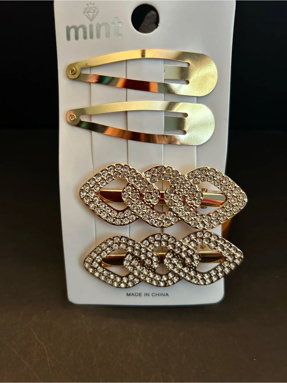 Mint Golden Rhinestone Chain-Link Hair Clips - Set of Two - NWT